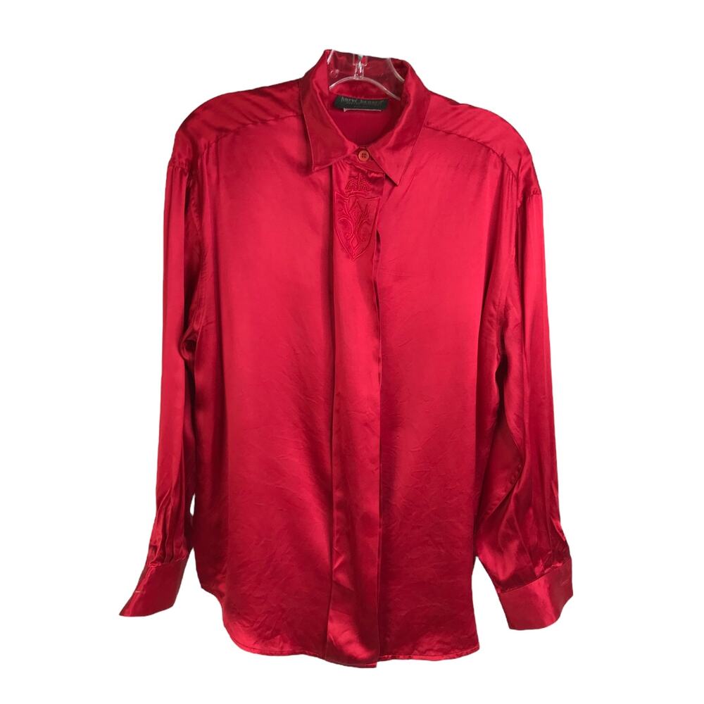 Harve Benard Blouse Womens‎ Petite Red Satin Embroidered Regency